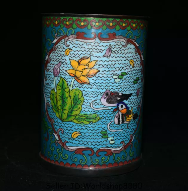 5.6" Qianlong Marked Old Cloisonne Enamel Copper Flower Birds Brush Pot Vase