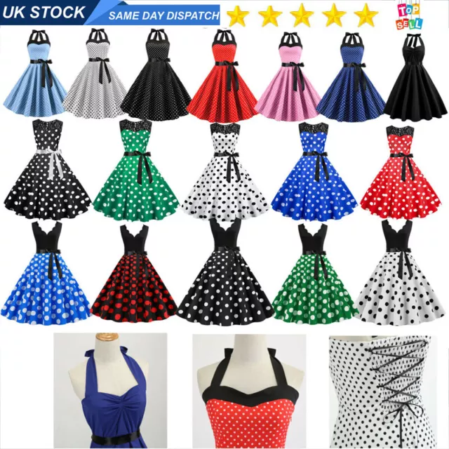 Retro Women Polka Dot 50s,60s Rockabilly Cocktail Party Swing Housewife Dress UK