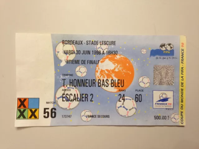 TICKET MATCH COUPE DU MONDE FIFA FRANCE 98 // ROUMANIE CROATIE - 8e FINALE W.C