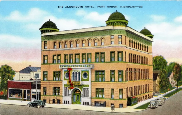 Port Huron MI The Algonquin Hotel Old Vtg Linen Michigan Postcard View Unused B