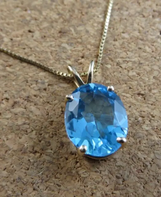 Large 4.87 ct Blue Topaz Pendant 14k Yellow Gold 22.5"  Box Chain Necklace #721