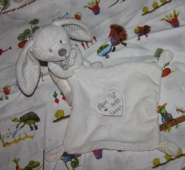 Doudou Pommette Lapin Mon Petit Coeur Blanc Mouchoir Gris Neuf