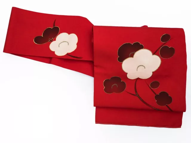Vintage Deep Red Silk Nagoya Obi with Ume Plum Blossom Design: Nov20A