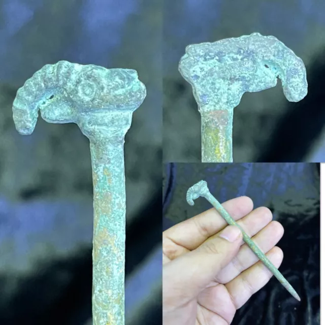 Ancient near eastern Bronze hairpin ornament with ram head