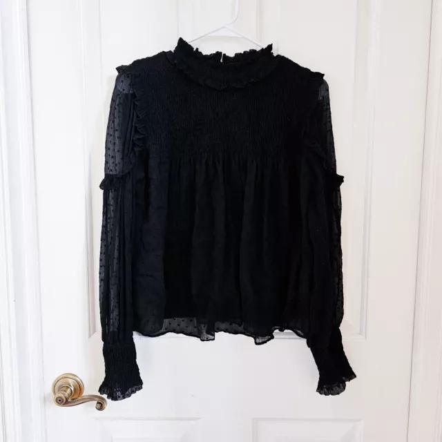 Zara Trafaluc Collection Blouse Top Size M Black Chiffon Smocking High Neck