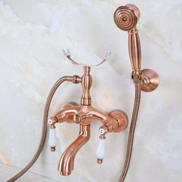 Wall-mount 2 Handles Bathtub Tap with Hand Shower Antique Red Copper Finish