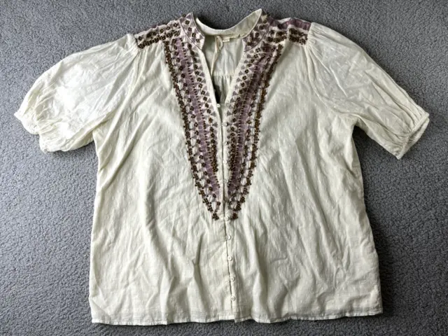 Forever That Girl Anthropologie Beaded Puff Sleeve Boho Cotton Blouse 14 NWT