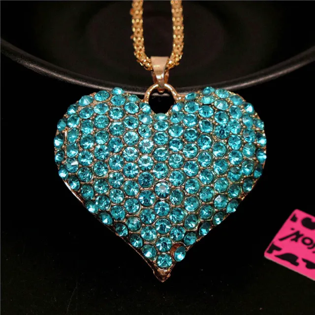 Betsey Johnson Rhinestone Blue Shiny Heart Crystal Pendant Chain Necklace Gift