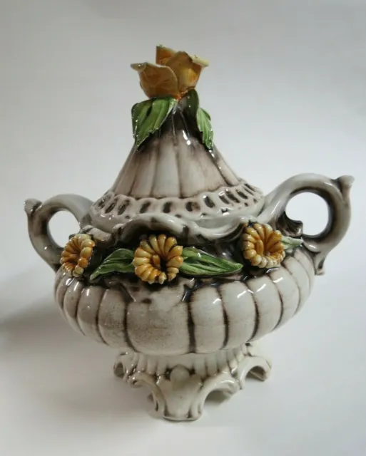 Vintage Capodimonte Lidded Dish Urn Brown, Ivory, Yellow Flowers Italy 8" Tall