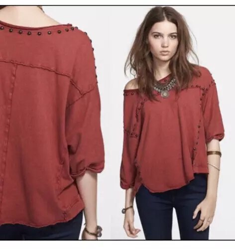 Free People Dillon Studded Pullover Sweatshirt Tee Top Faded Red M