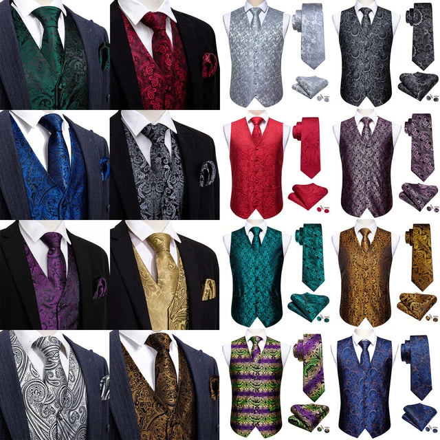 Mens Vest Suit Paisley Floral Waistcoat Blue Black Gold Silk Tie Set Jacket