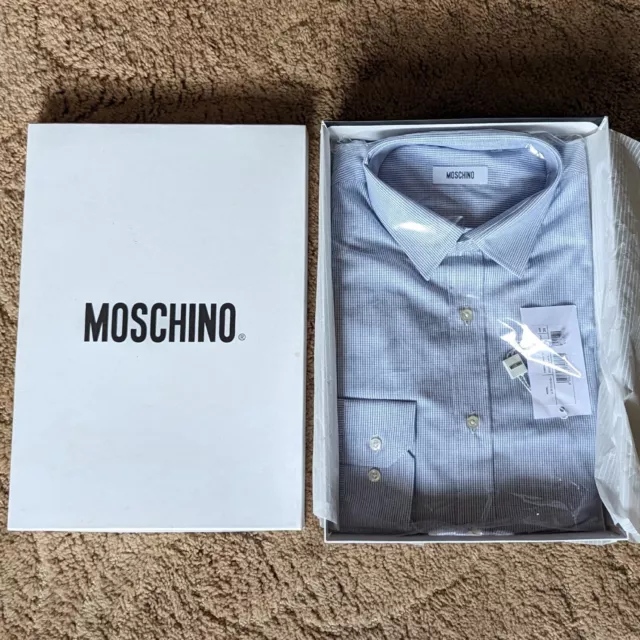 New Moschino Mens Shirt Size 39 Blue Check Love Heart Logo 15.5