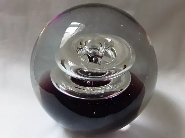 Large Circular Bubble Glass Paperweight With Mauve Base