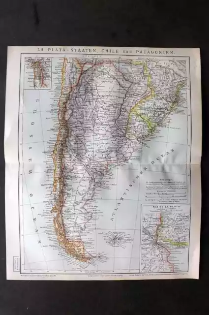 Brockhaus antike Karte aus den 1880er Jahren. La Plata-Staaten, Chile und Patagonien S.Amerika