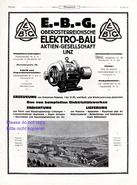 ELEKTRO EBG LINZ Reklame 1924 Oberösterreich Elektro Bau Granisonstraße ...
