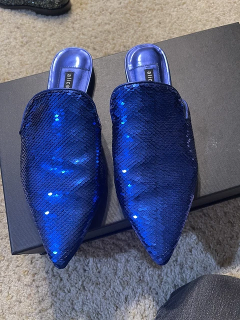 Alice + Olivia Madalyn Blue Sequined Shoes Slide Mules Flats Unique Size 8