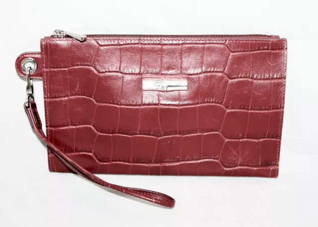 LONGCHAMP Roseau Red Croc Embossed Leather Slim Wristlet Clutch Silver Hdwr
