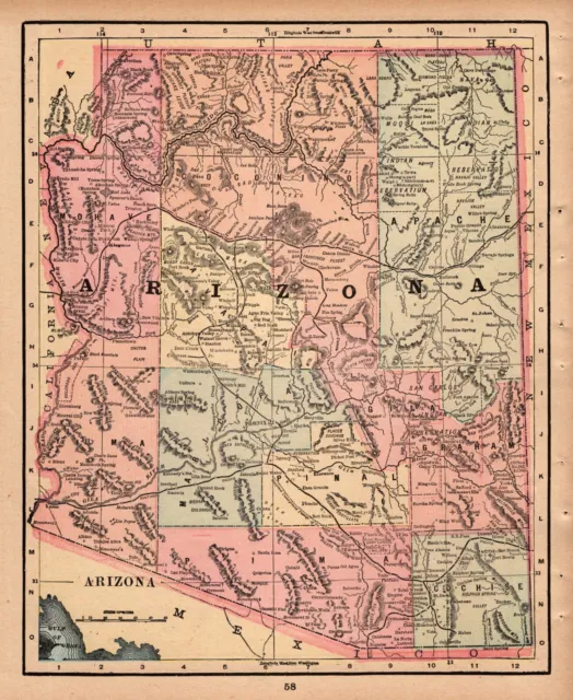 1895 Antique Map of Arizona Gaskell Arizona State Map Gallery Wall Decor 1260