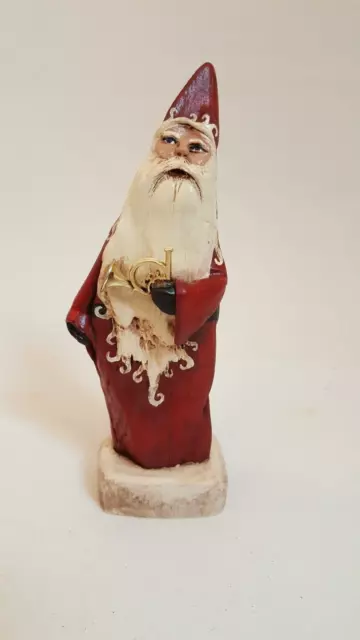 Hand carved Santa with French horn by artisan Tina Belt 2005 signed 7" tall