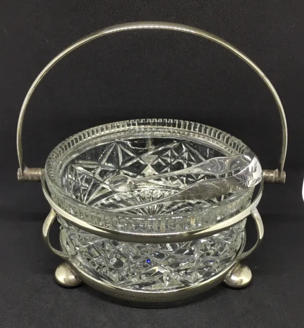 Antique Silver-Plated & Glass Sugar Bowl Epns Plus Sugar Tongs J. Dixon