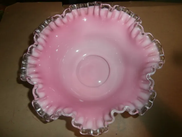 Vintage Fenton ? Glass Silver Crest Pink White Ruffled Edge 10" bowl