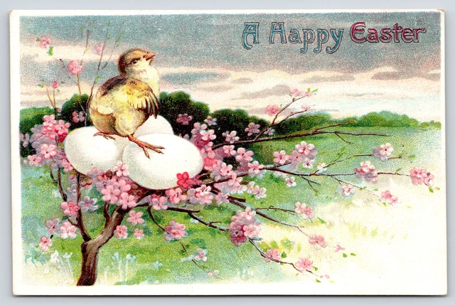 Clapsaddle Easter~Chick On Eggs in Pink Flowered Tree Looks Out Over Meadow~1910