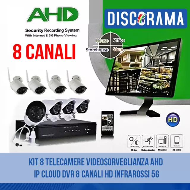 Kit 8 Telecamere Videosorveglianza Ahd Ip Cloud Dvr 8 Canali Hd Infrarossi 5G