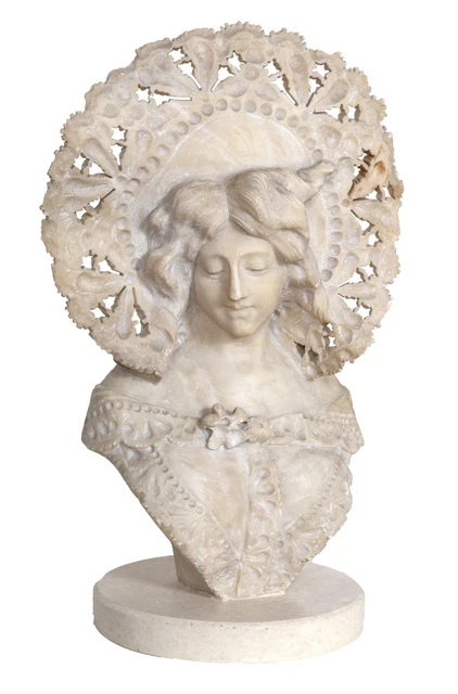 Adolfo Cipriani , Buste De Un Femme en Volants Capot , Albâtre Sculpture, Signé