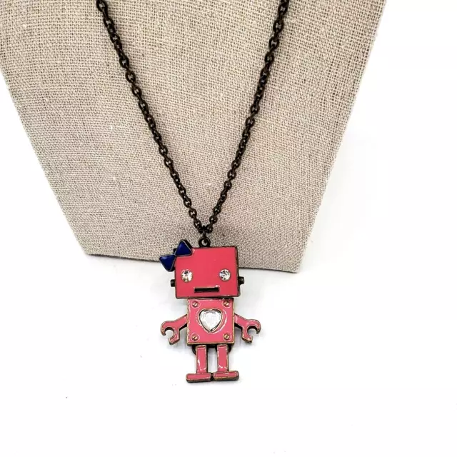 Vintage Pink Enamel Alien Robot Pendant Necklace Tiny Hot Charm Rolo Chain 28 in