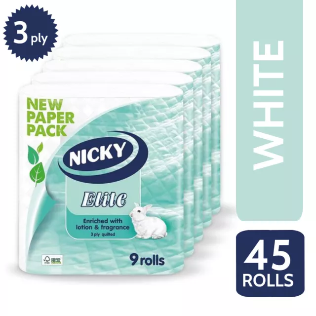 Nicky Elite Luxury 3 Ply Quilted 45 Toilet Rolls, Toilet Tissue - White