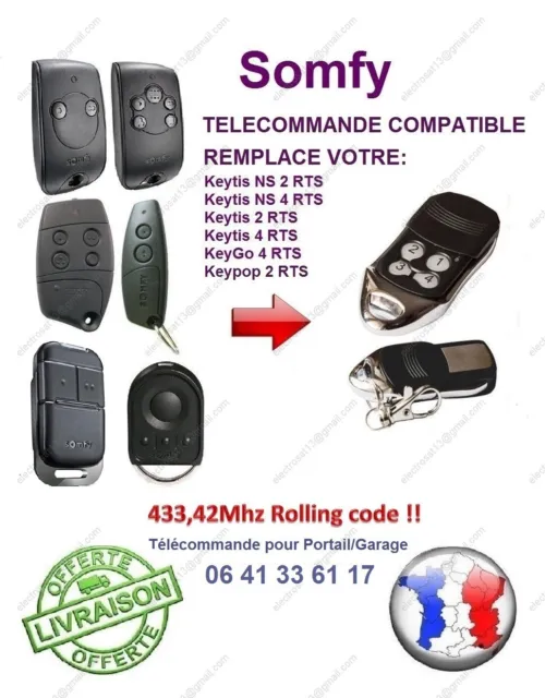 Télécommande compatible avec SOMFY KEYTIS RTS, KEYPOP RTS, KEYGO RTS 433,42Mhz