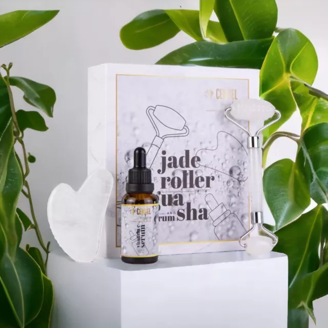 100 % echte Kristall Jade Roller und Gua Sha Set mit Vitamin C Serum | tolles Geschenk