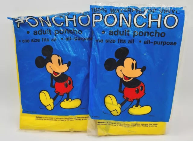2 Vintage Adult Disney Mickey Mouse Rain Poncho Dinseyland Retro 80’s 90s Yellow