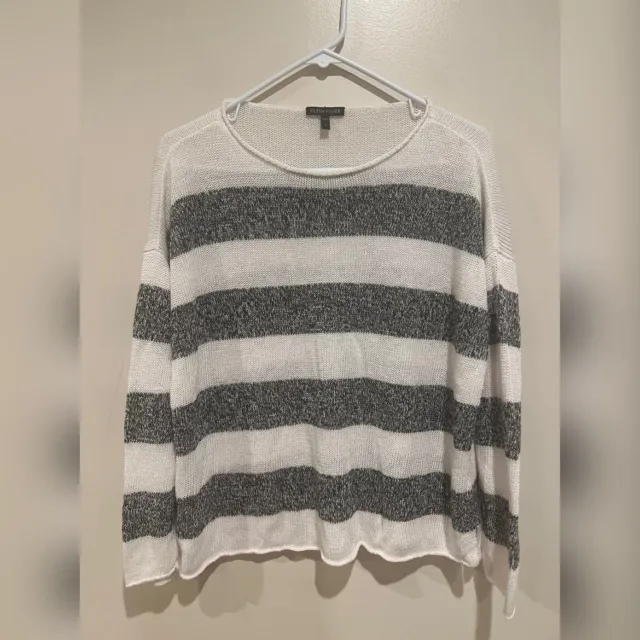 Eileen Fisher Organic Linen Knit Stripe Top/Sweater in Graphite White Size S