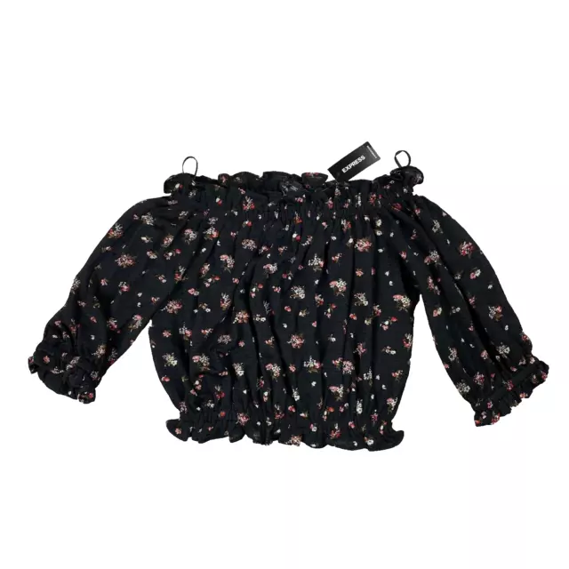 NEW Express Top Women's Black Floral Off the Shoulder Crop Blouse Top Size XS