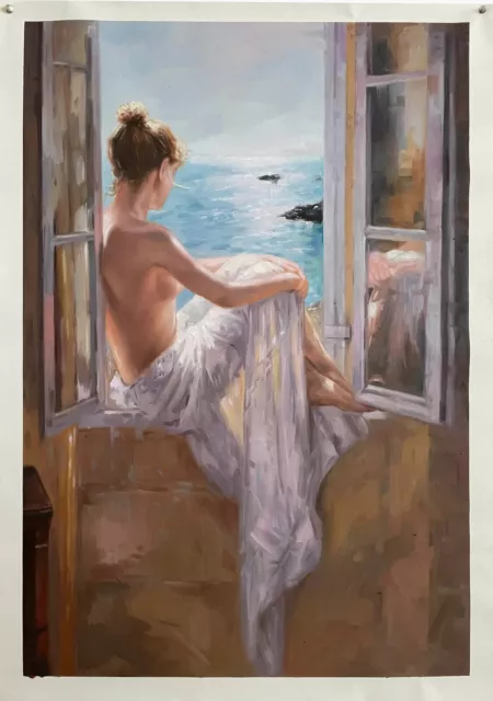 femme nue  à la fenetre peinture huile sur toile / nude female at window paintin