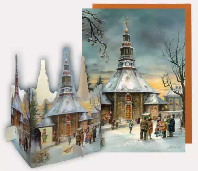 Tisch-Adventskalender Seiffener Kirche mit Postkarte Bilder Brück & Sohn Meisse