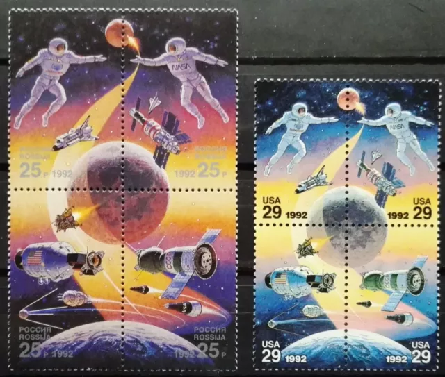 USA & RUSSIA joint SPACE ACHIEVEMENTS 2 X MNH blocks of 4 1992 #2634a + 6083a