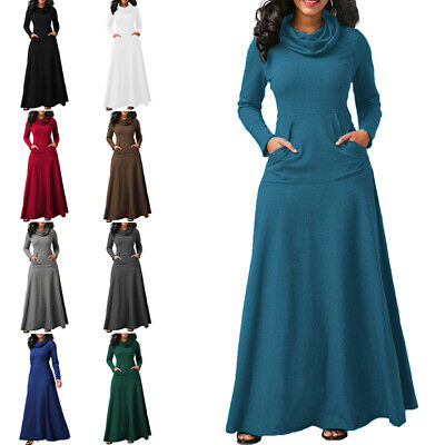 Womens Casual Pocket Maxi Dress Ladies Long Sleeve High Neck Pullover Dresses