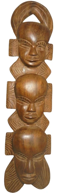 Hand Carved Wooden 3 Face Tribal African Mask Wall Art Primitive Folk Art rare