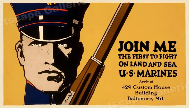 Join Me! US Marines On Land and Sea! 1914 WWI Recruiting Poster - 14x24