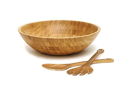 Lipper International Bamboo Wood Salad Bowl with 2 Server Utensils Large 14" ...