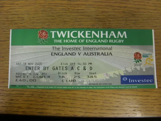 18/11/2000 Rugby Union Ticket: England v Australia [At Twickenham] . Condition: