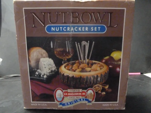 Vintage HM Quackenbush Nutbowl Nutcracker Set Bowl Pick In Box Made In Usa