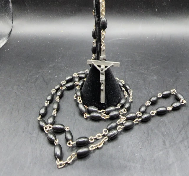 VINTAGE Black BEAD ROSARY 17" + 7" hanging