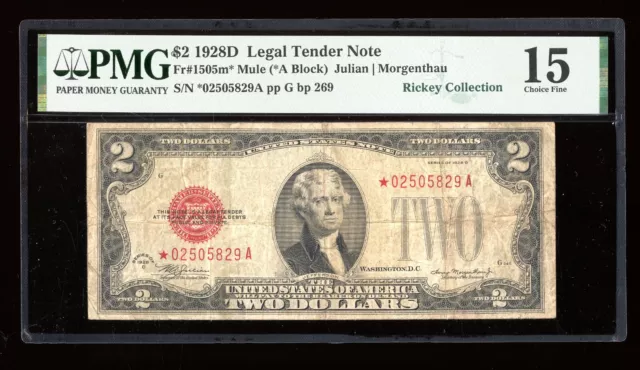 DBR 1928-D $2 Legal MULE STAR Fr. 1505m* PMG 15 Serial *02505829A