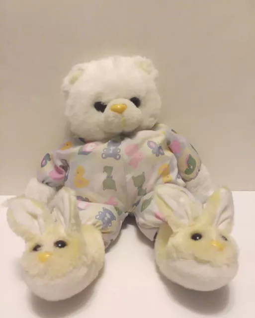 Vintage Pastel Yellow White Teddy Bear Stuffed Plush 16” Bunny Slippers **Read**