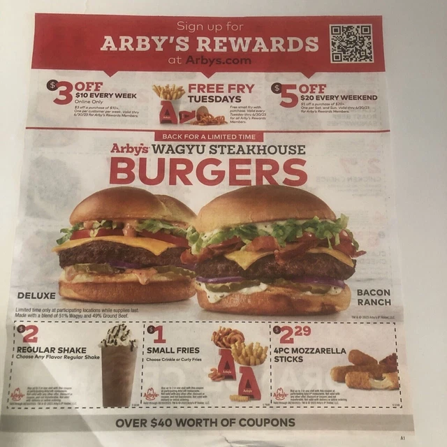 ONE SHEET OF Arby’s Coupons, Expires 6/30/23 1.25 PicClick