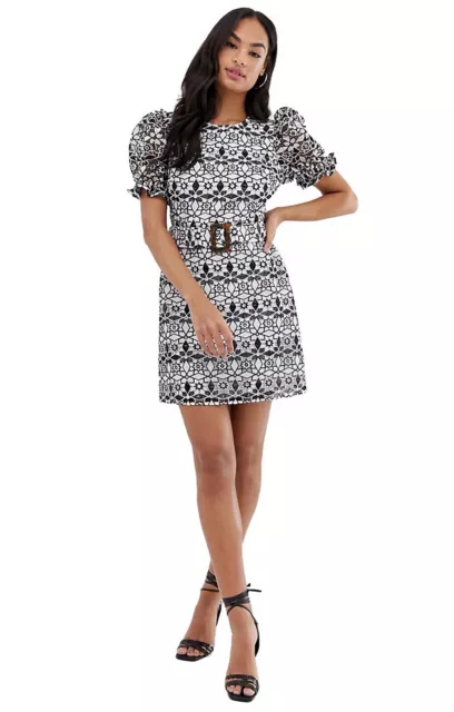 ASOS DESIGN PREMIUM Contrast Lace Mini Dress With Buckle Belt Petite Sz 12 NWT
