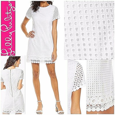 NWT $228 Lilly Pulitzer Jennifer Shift Dress 10 in Resort White Grid Eyelet
